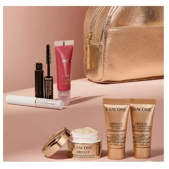 Lancome Absolue Beauty Gift Set-Gold Pouch,Eye Cream,Serum,2 Mascara,Lip-7pc-NEW